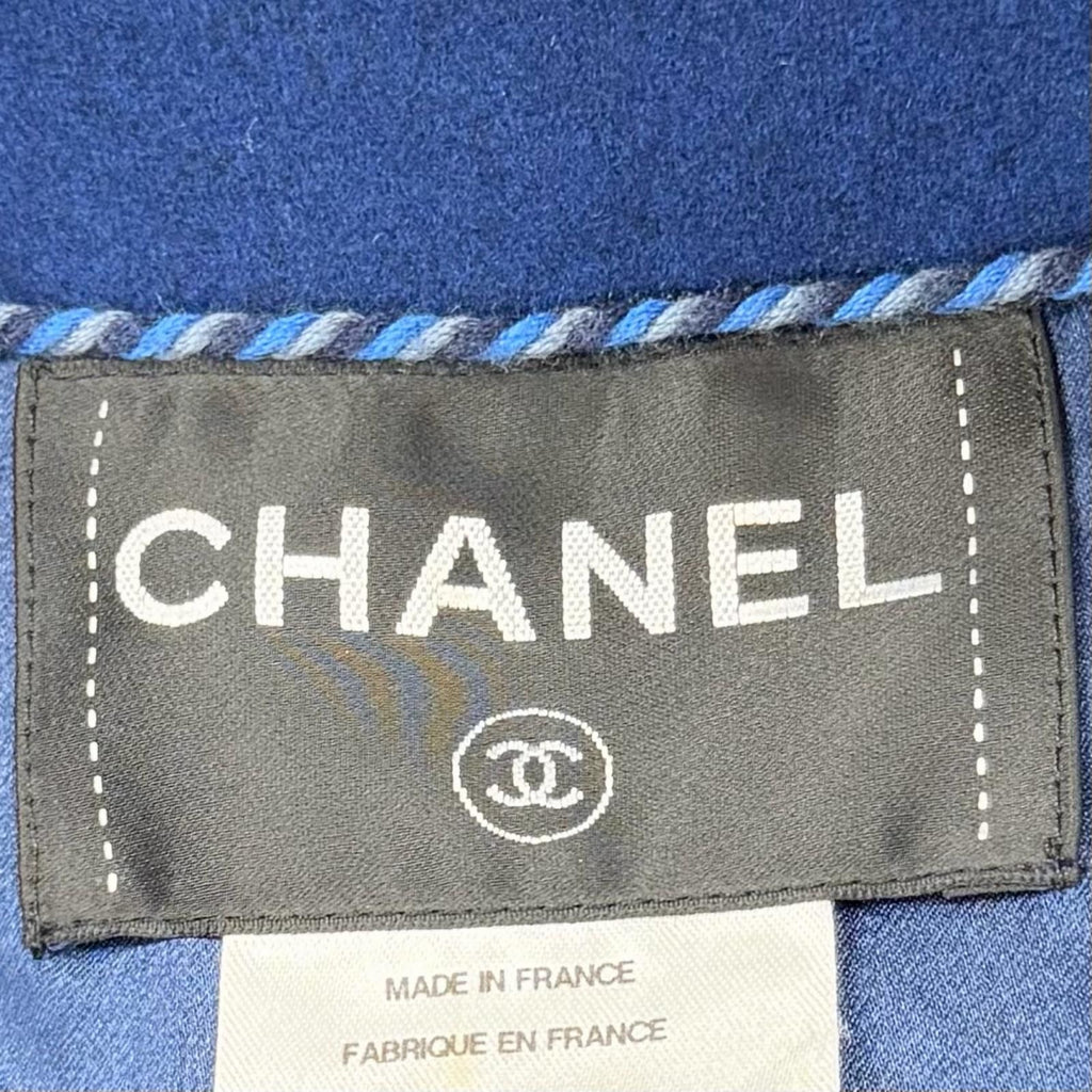 CHANEL P46965 Coco Mark Button Double Breasted Wool Coat Silk Lining Size 36 Blue Made in France