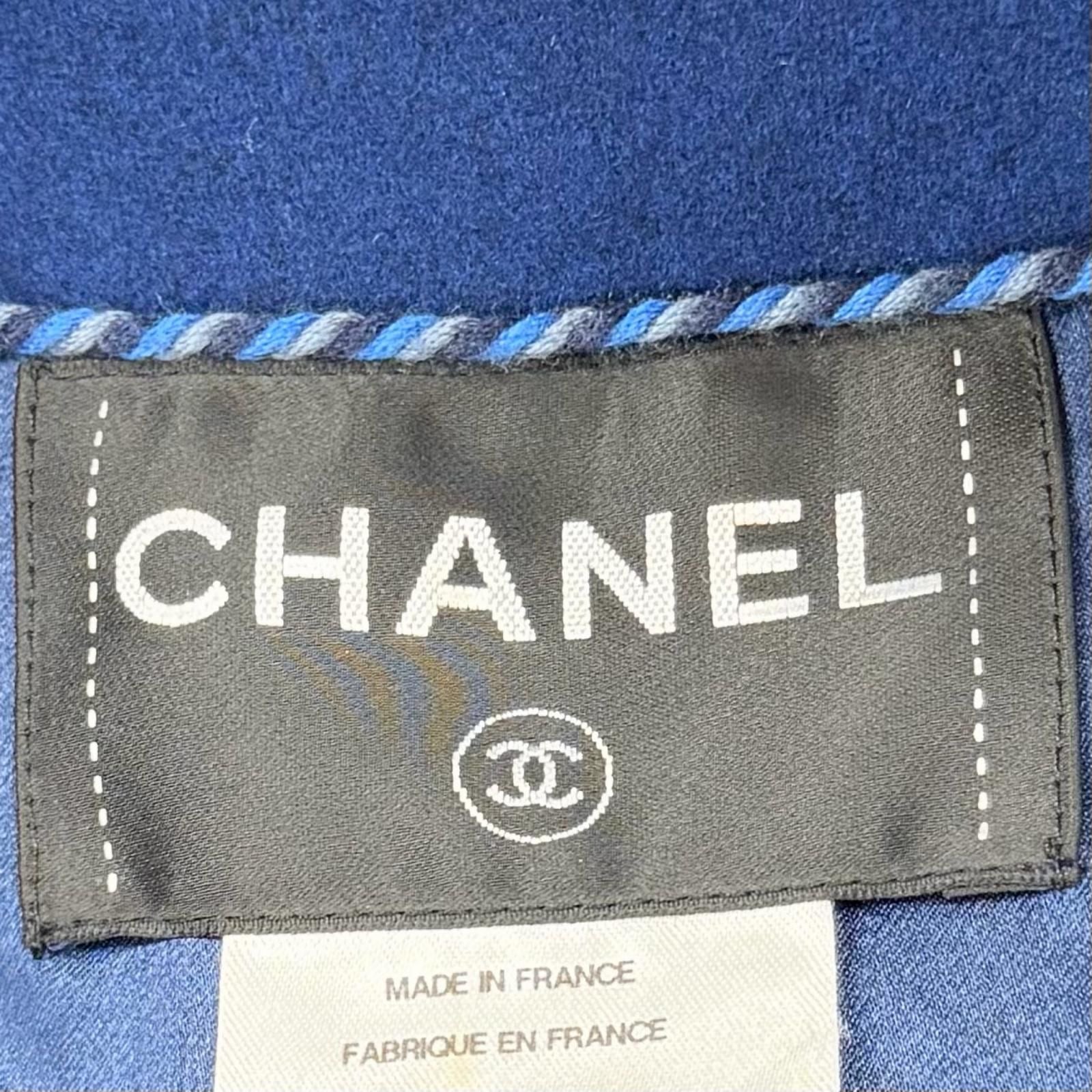 CHANEL P46965 Coco Mark Button Double Breasted Wool Coat Silk Lining Size 36 Blue Made in France