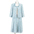 CHANEL 2001 01P P17790 Tweed Stand Collar Jacket & Skirt Setup Size 40 Turquoise Blue Silver Made in France