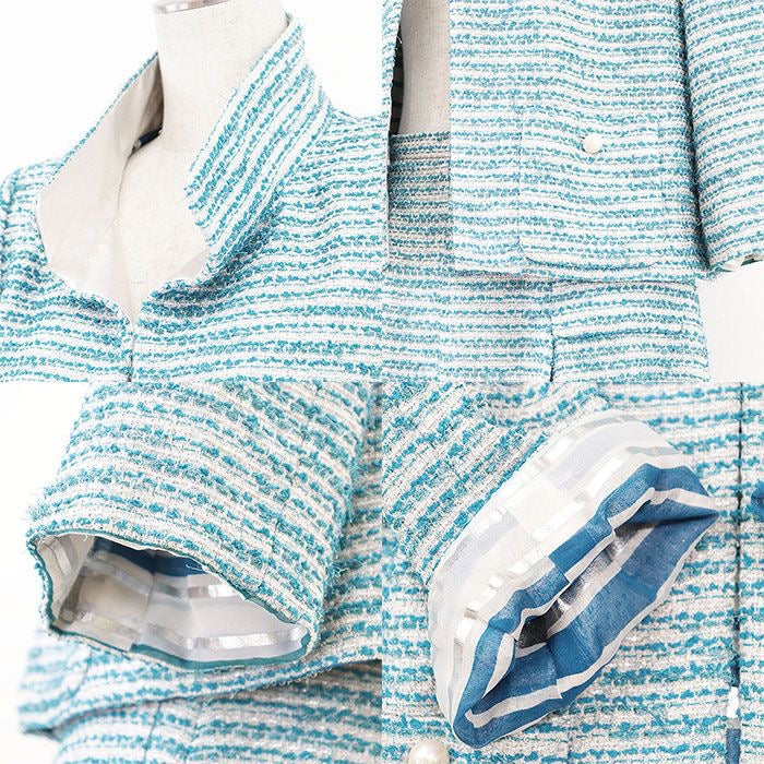 CHANEL 2001 01P P17790 Tweed Stand Collar Jacket & Skirt Setup Size 40 Turquoise Blue Silver Made in France