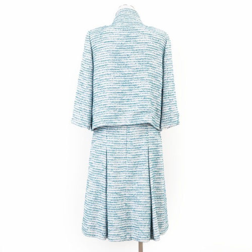 CHANEL 2001 01P P17790 Tweed Stand Collar Jacket & Skirt Setup Size 40 Turquoise Blue Silver Made in France