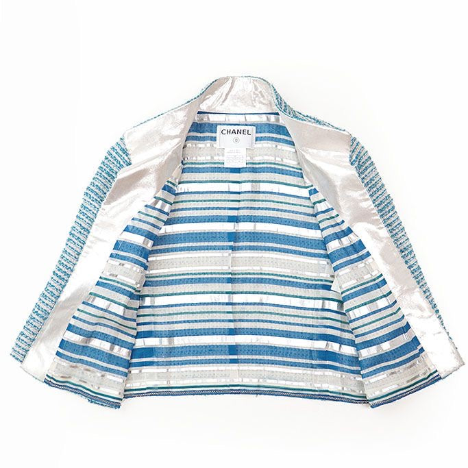 CHANEL 2001 01P P17790 Tweed Stand Collar Jacket & Skirt Setup Size 40 Turquoise Blue Silver Made in France