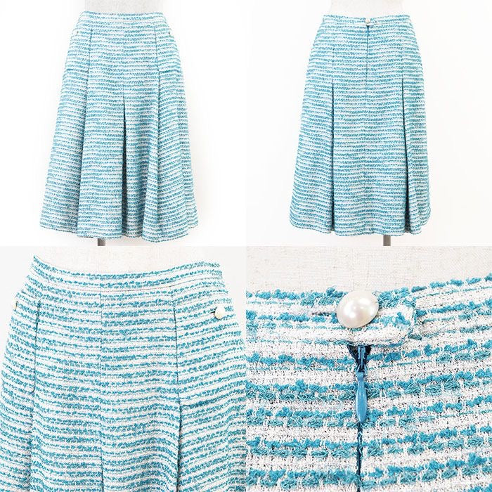 CHANEL 2001 01P P17790 Tweed Stand Collar Jacket & Skirt Setup Size 40 Turquoise Blue Silver Made in France