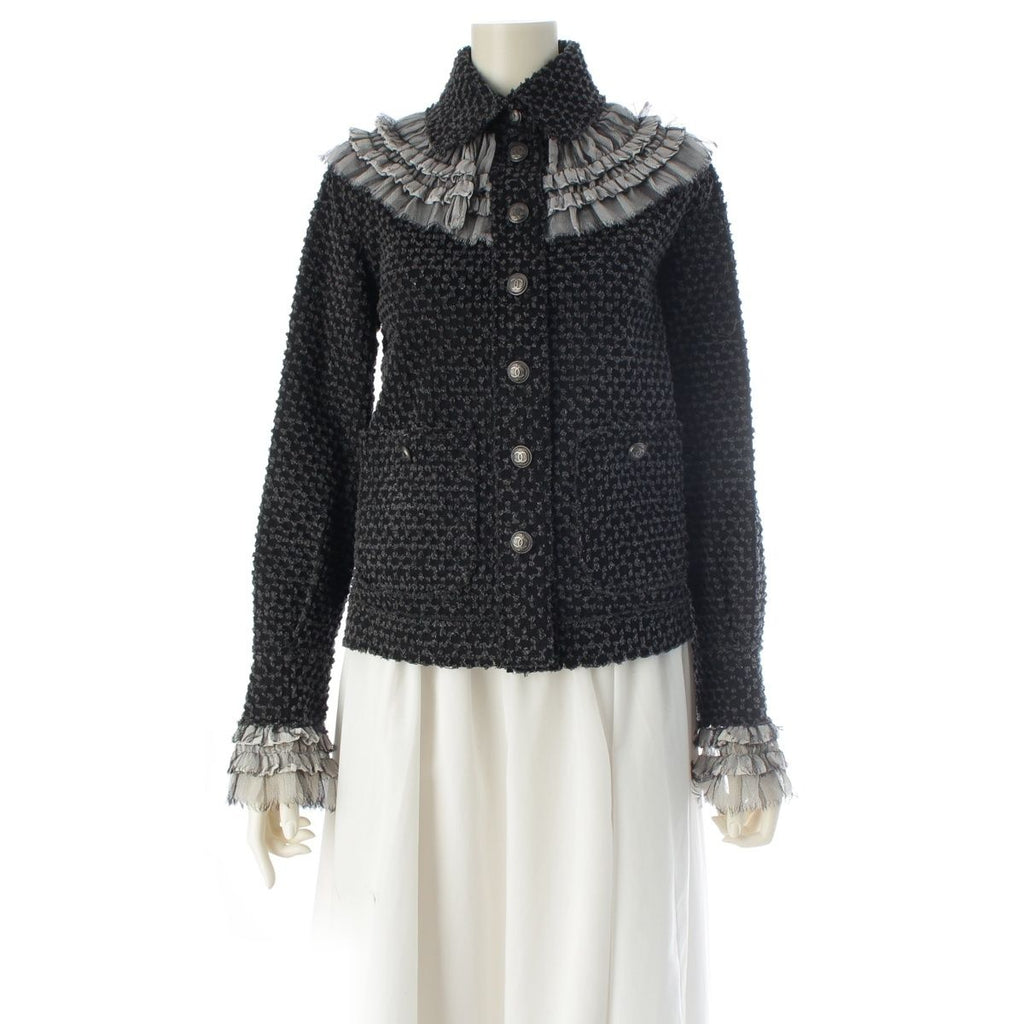 CHANEL Coco Button Frill Trim Cut Jacquard Tailored Jacket P46652 Black Dark Grey 34