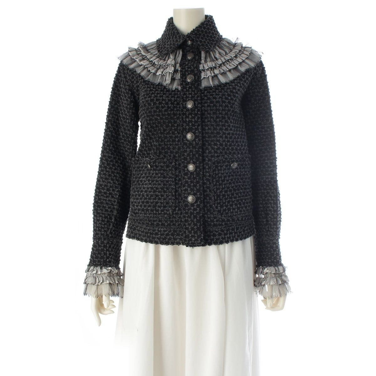 CHANEL Coco Button Frill Trim Cut Jacquard Tailored Jacket P46652 Black Dark Grey 34