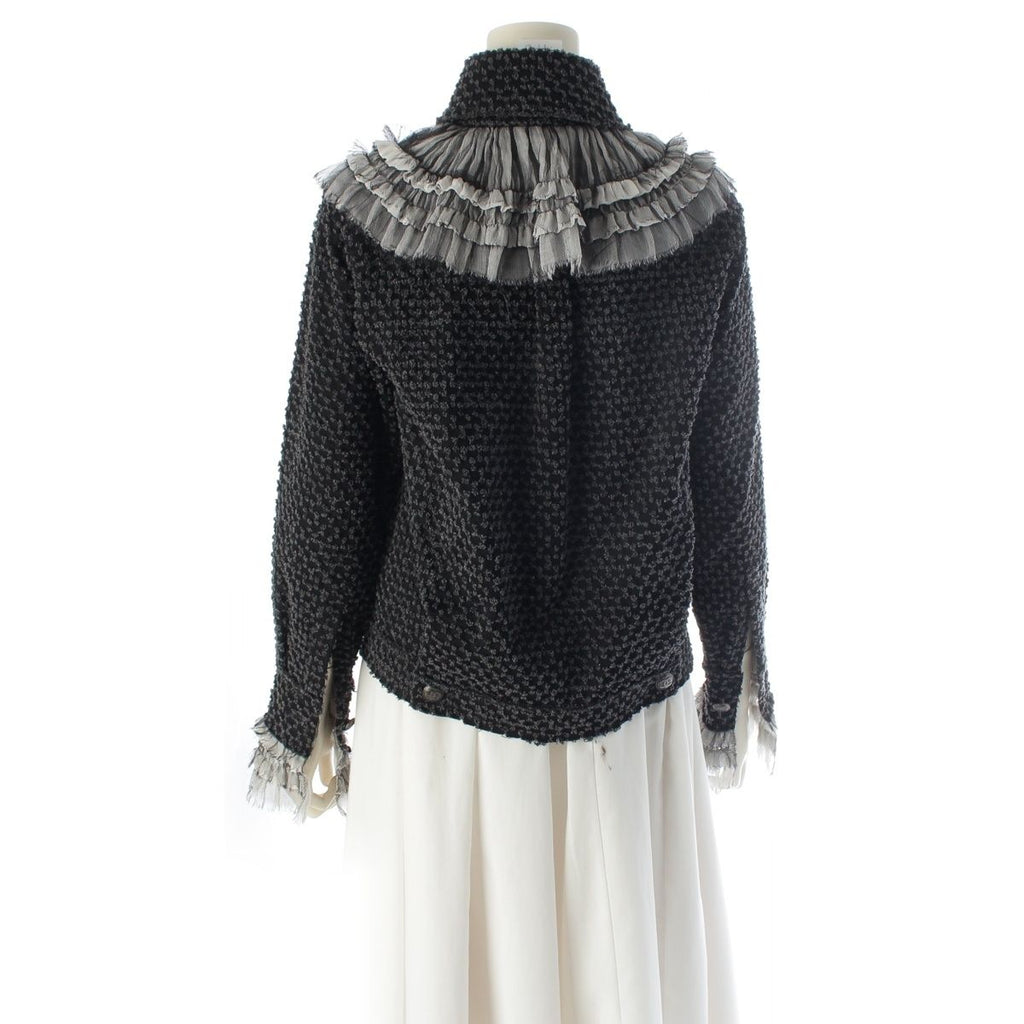 CHANEL Coco Button Frill Trim Cut Jacquard Tailored Jacket P46652 Black Dark Grey 34