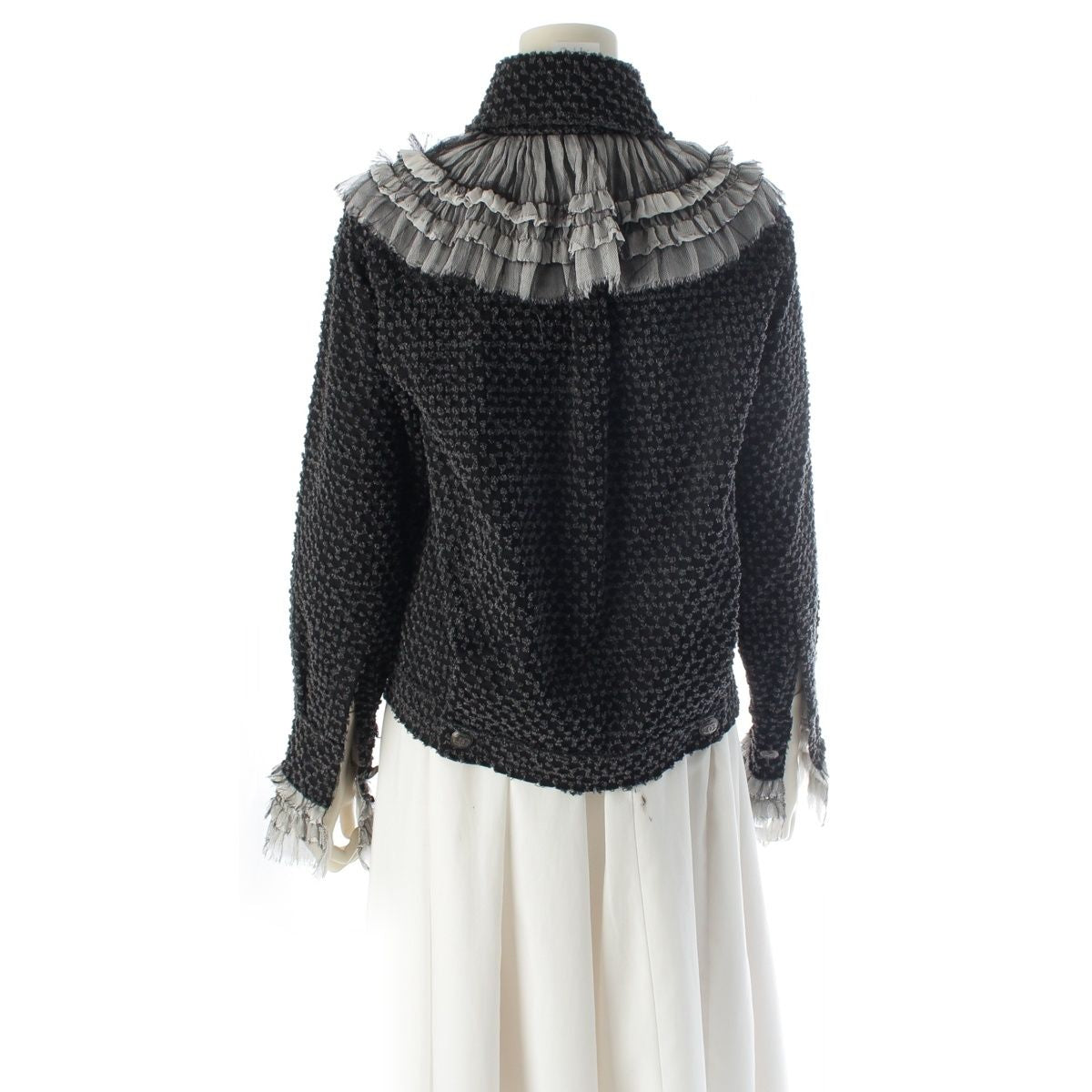 CHANEL Coco Button Frill Trim Cut Jacquard Tailored Jacket P46652 Black Dark Grey 34