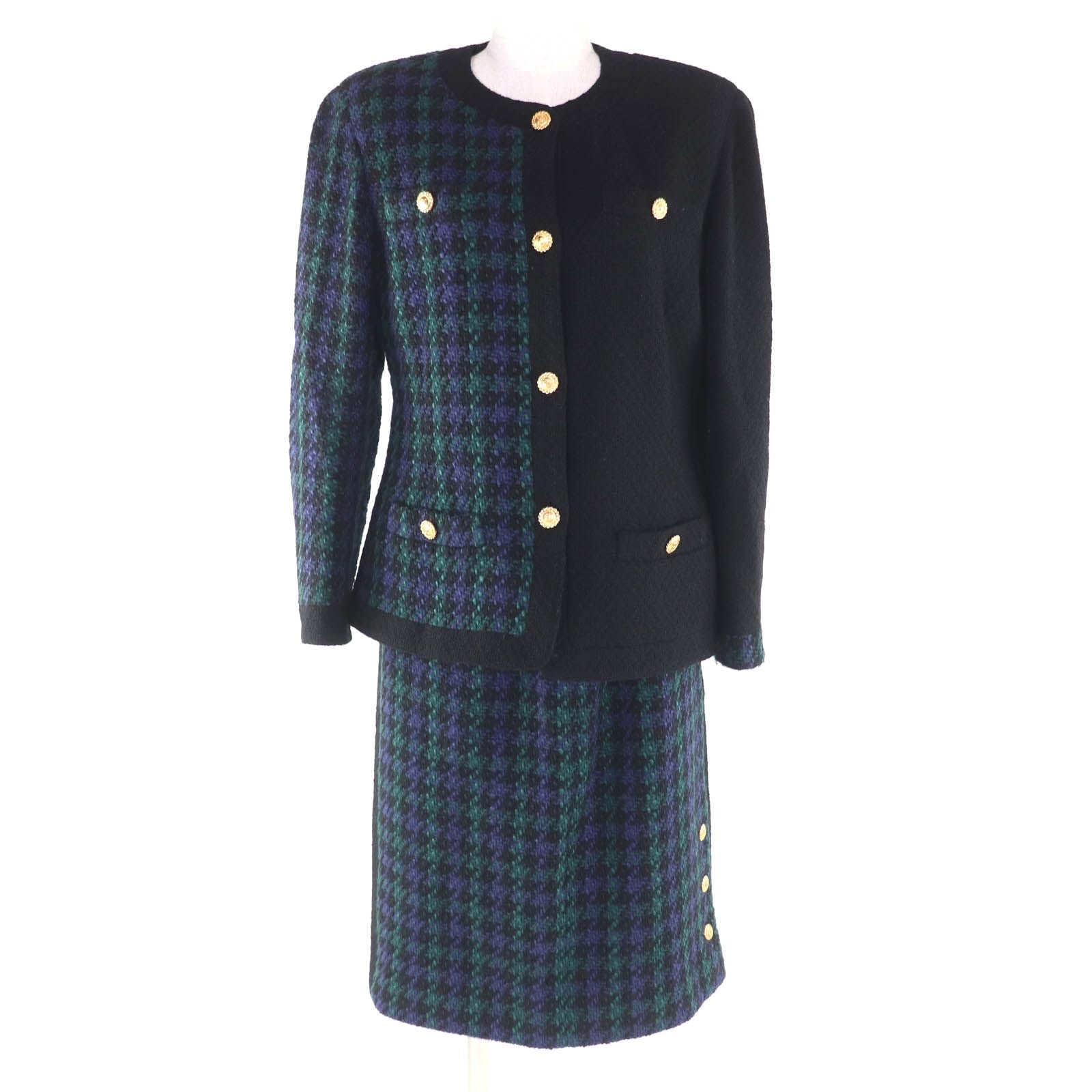 Vintage CHANEL 100% Wool Tweed Jacket & Skirt Suit Coco Mark Button Size 42 Black Green
