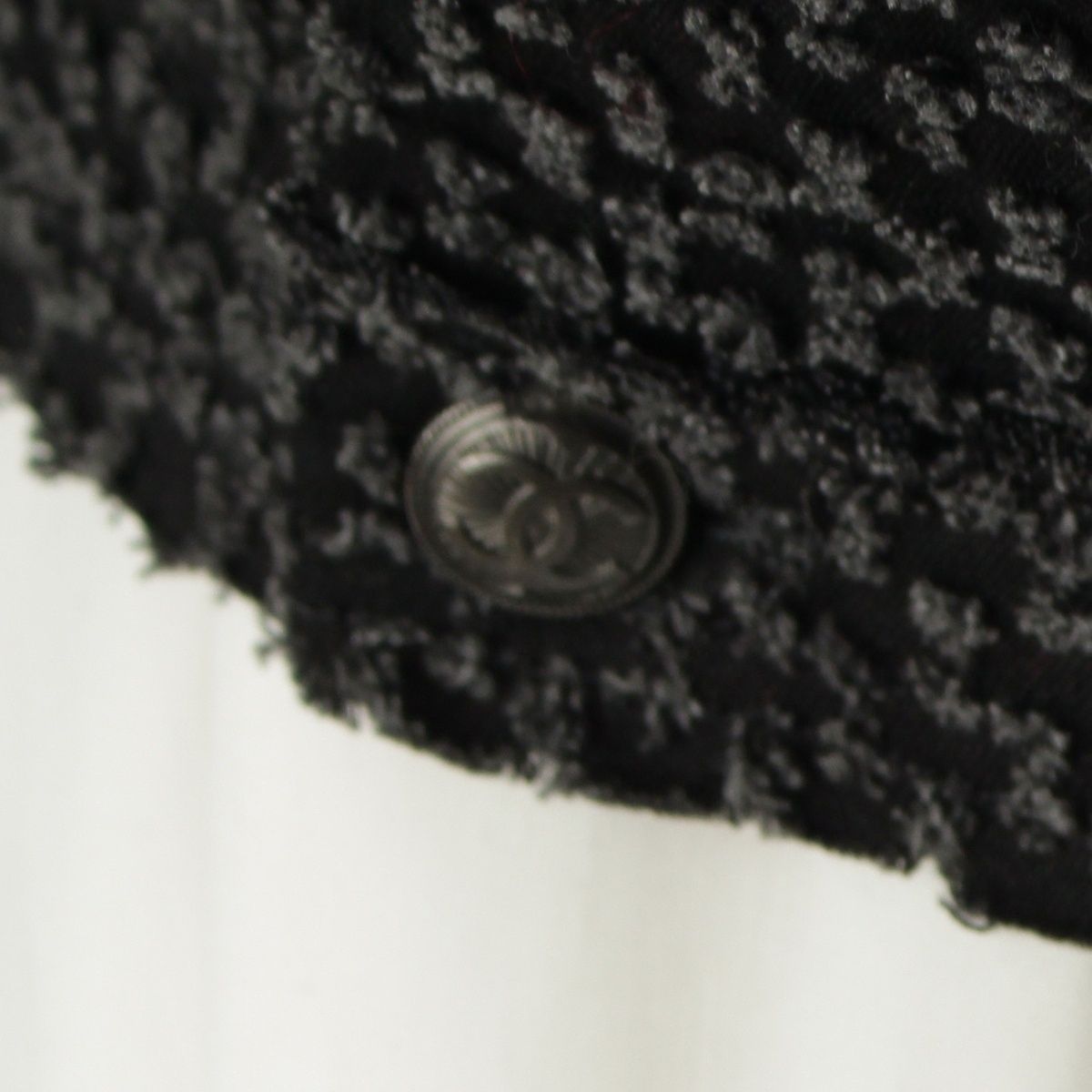 CHANEL Coco Button Frill Trim Cut Jacquard Tailored Jacket P46652 Black Dark Grey 34