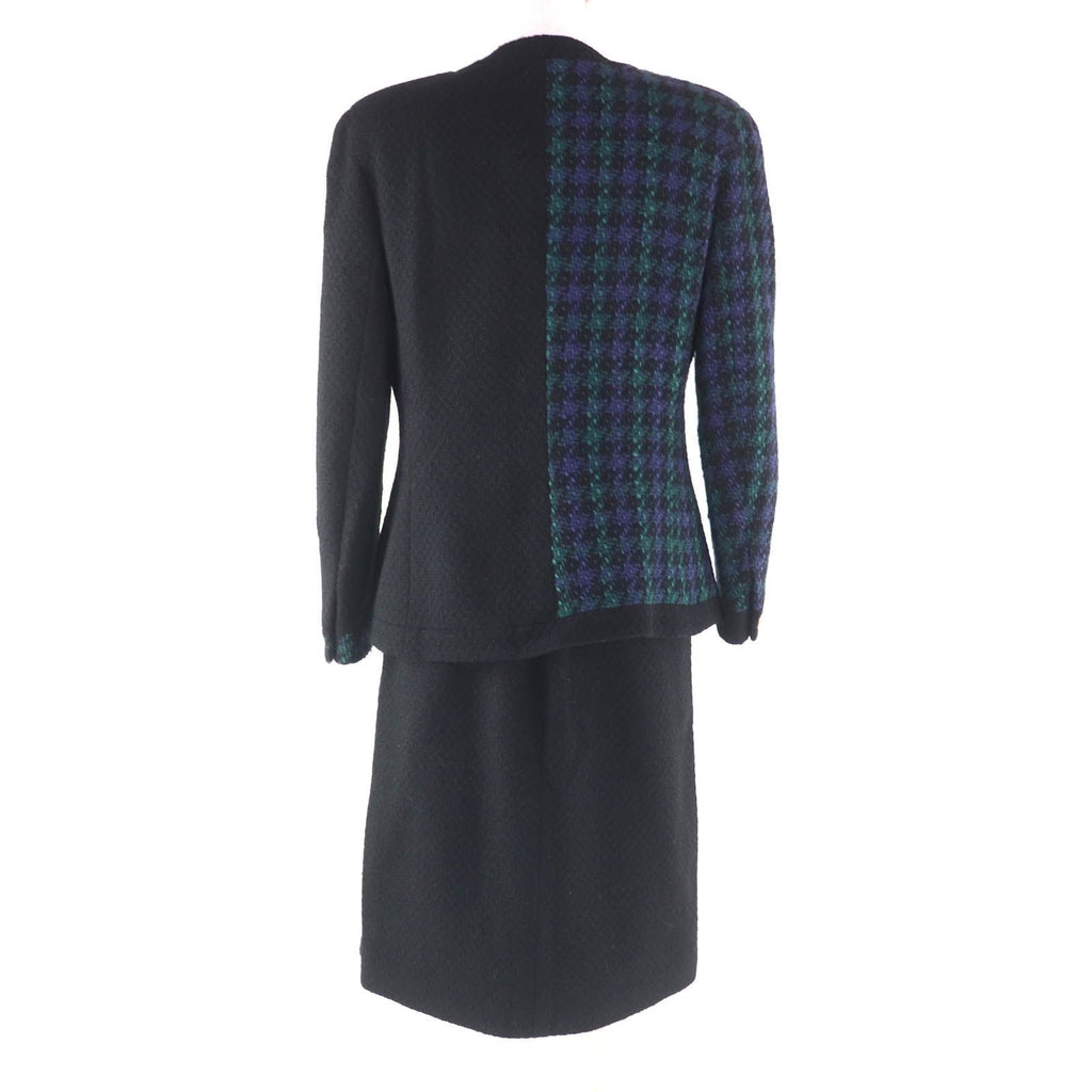 Vintage CHANEL 100% Wool Tweed Jacket & Skirt Suit Coco Mark Button Size 42 Black Green