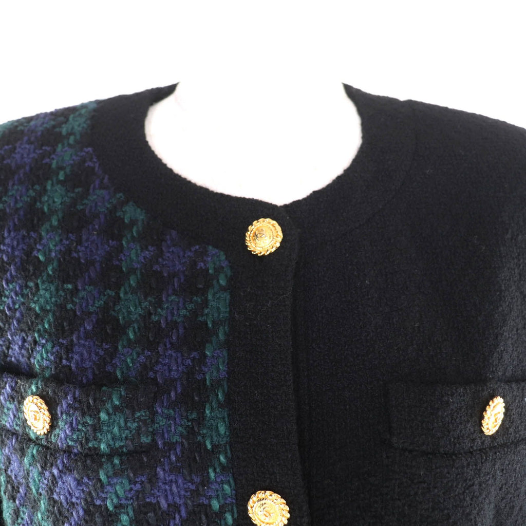 Vintage CHANEL 100% Wool Tweed Jacket & Skirt Suit Coco Mark Button Size 42 Black Green