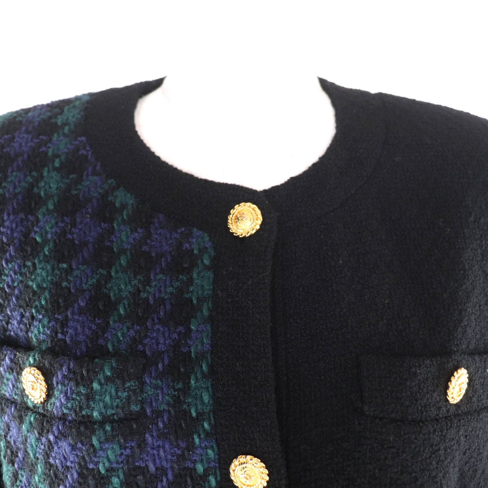 Vintage CHANEL 100% Wool Tweed Jacket & Skirt Suit Coco Mark Button Size 42 Black Green