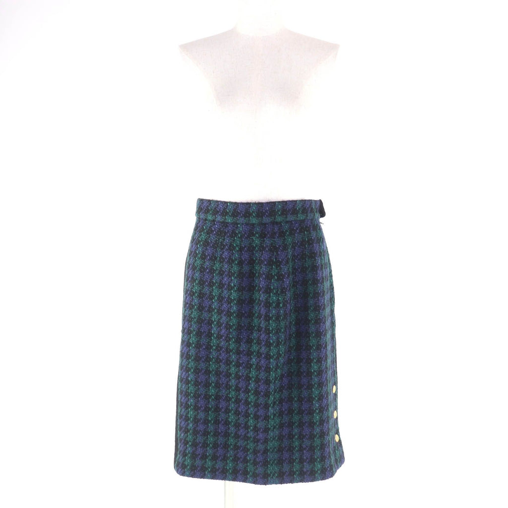 Vintage CHANEL 100% Wool Tweed Jacket & Skirt Suit Coco Mark Button Size 42 Black Green