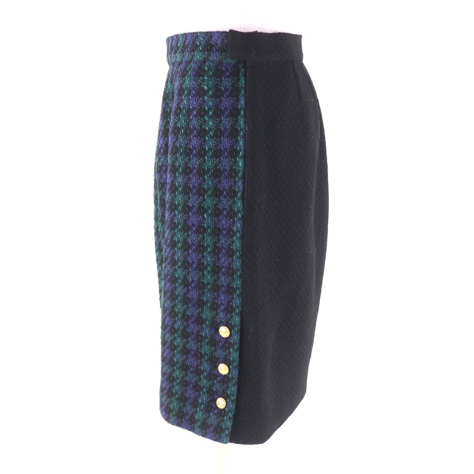 Vintage CHANEL 100% Wool Tweed Jacket & Skirt Suit Coco Mark Button Size 42 Black Green