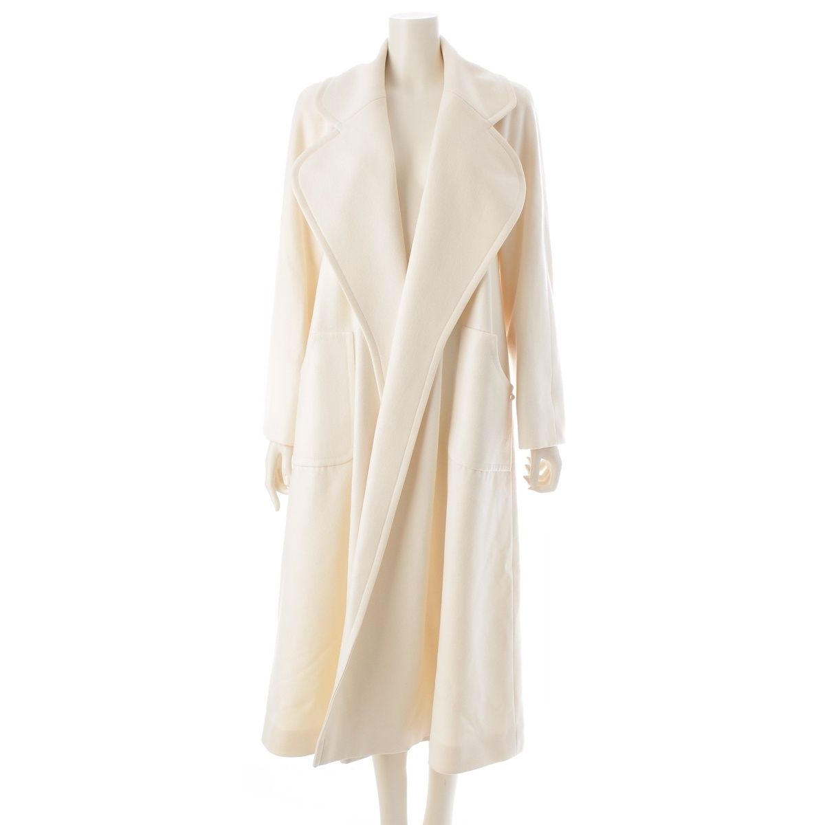 CHANEL Cashmere Wool Long Coat Silk Lining Off-White Size 34