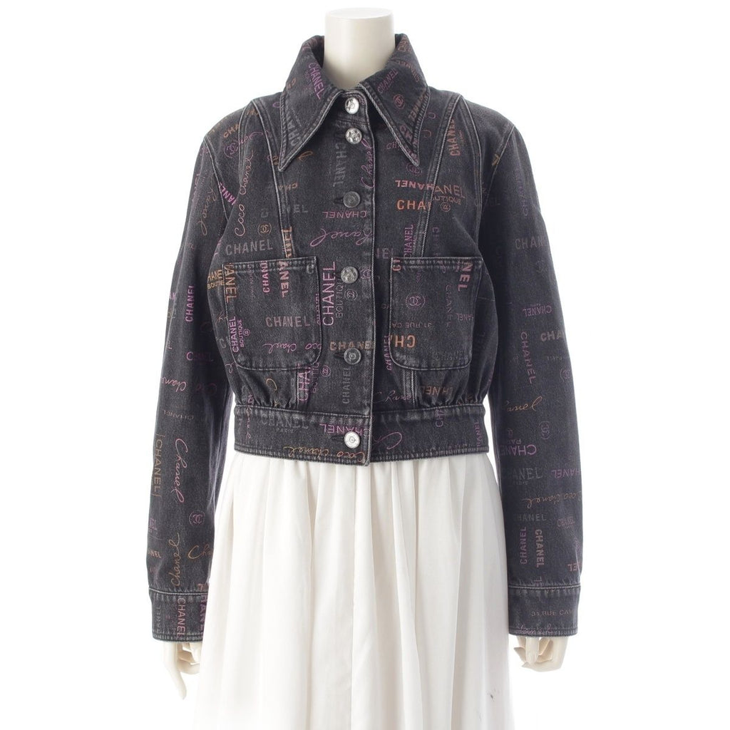 CHANEL Denim Jacket CC Logo Multi Print Black Size 36