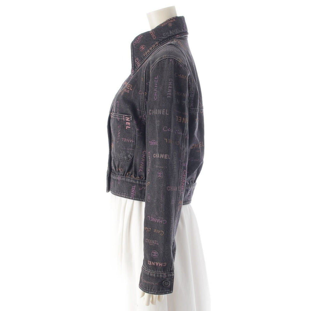 CHANEL Denim Jacket CC Logo Multi Print Black Size 36