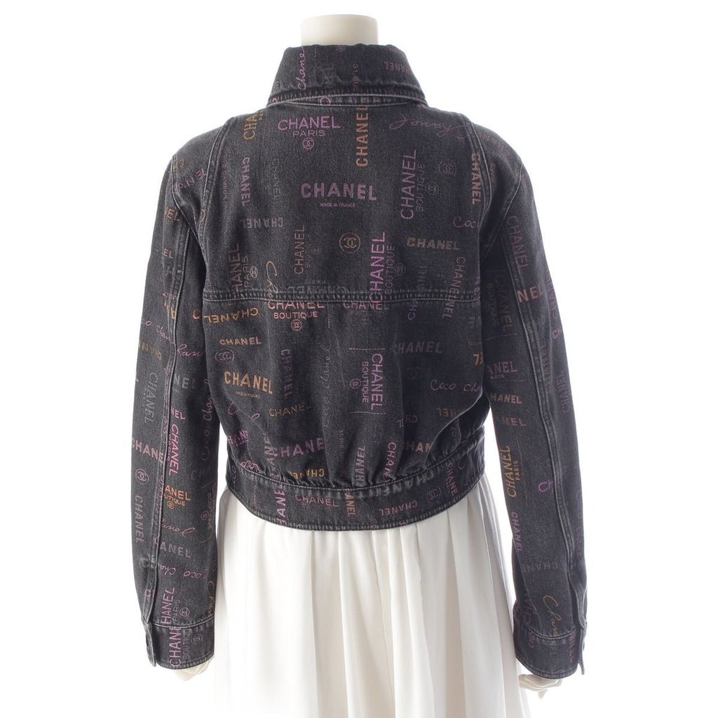 CHANEL Denim Jacket CC Logo Multi Print Black Size 36