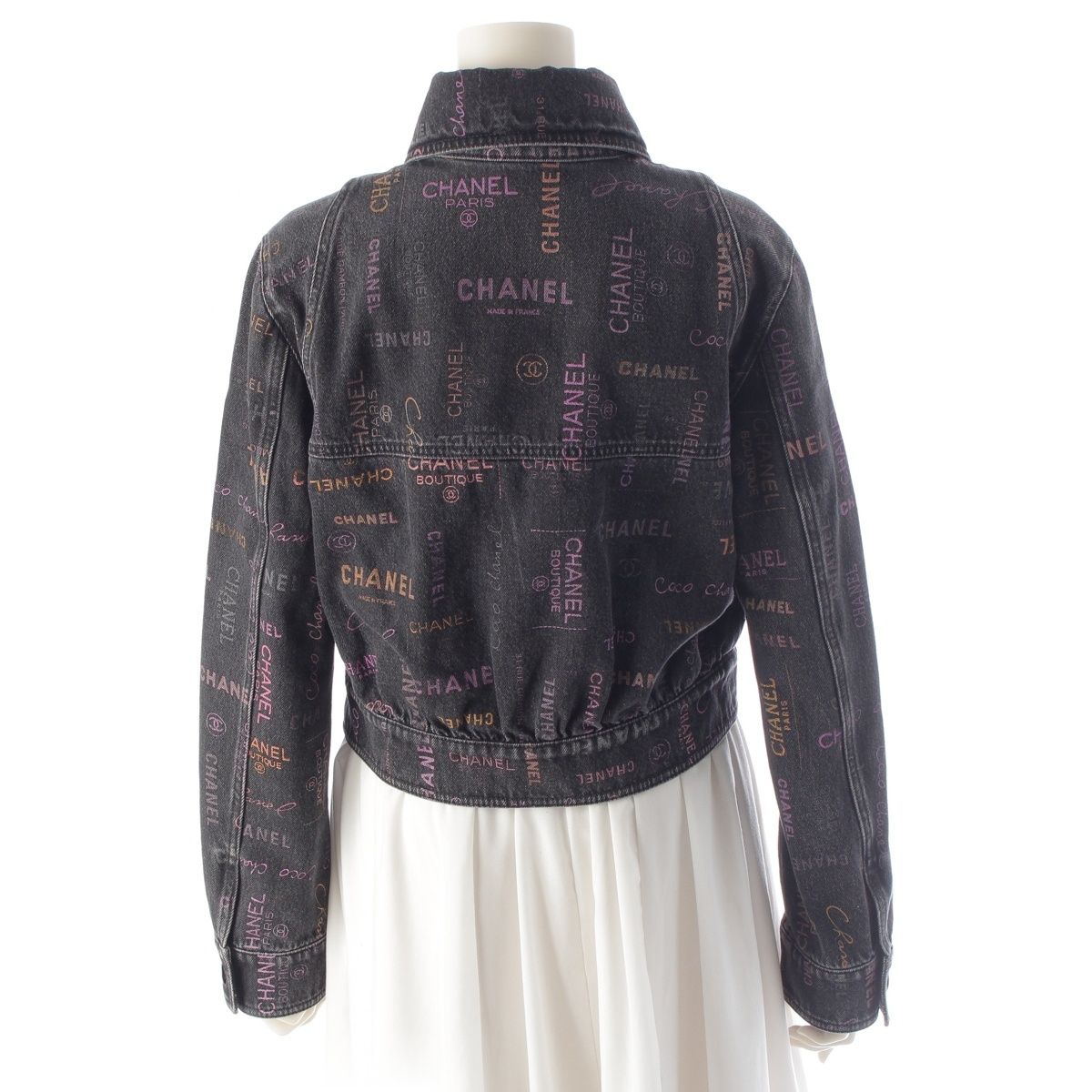 CHANEL Denim Jacket CC Logo Multi Print Black Size 36