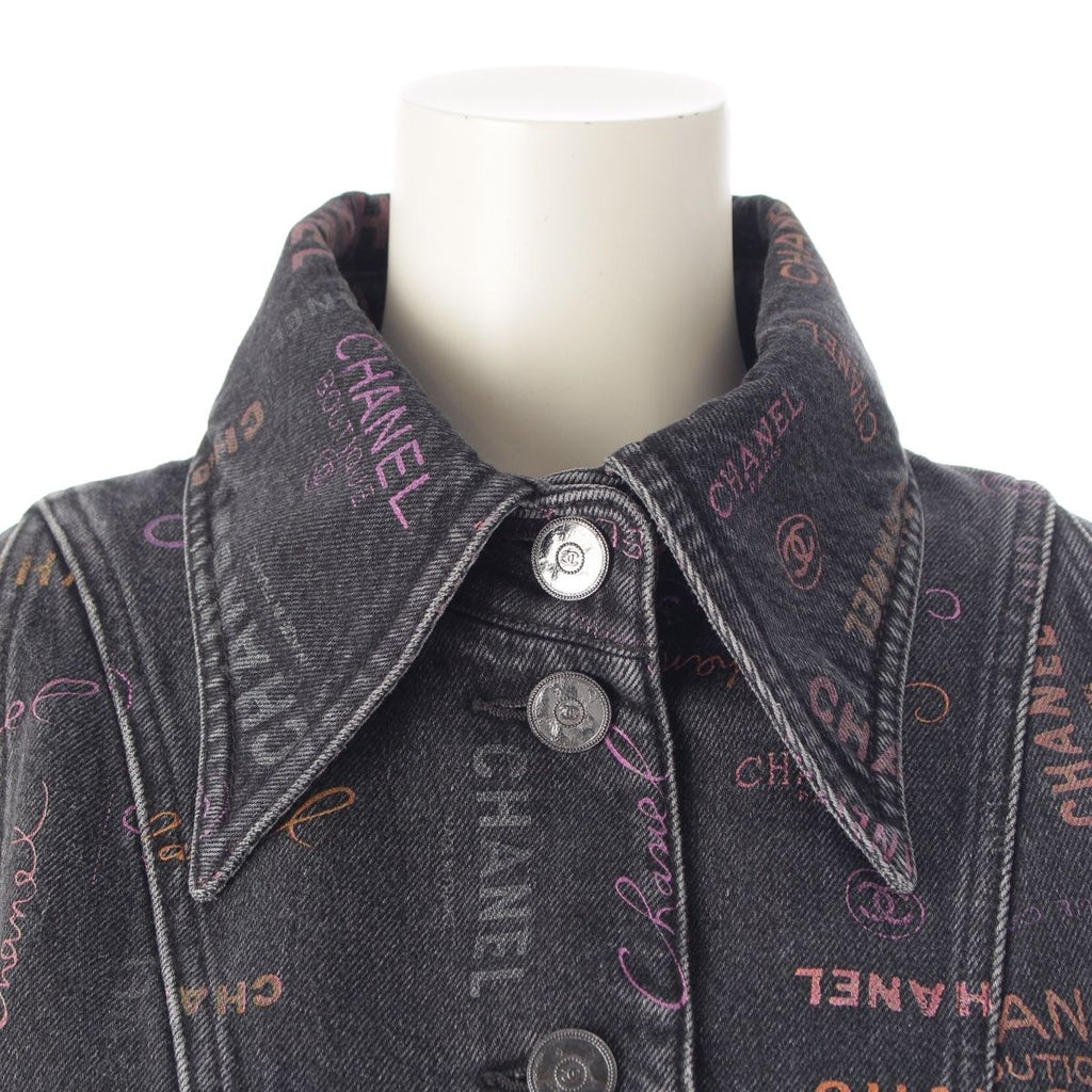 CHANEL Denim Jacket CC Logo Multi Print Black Size 36