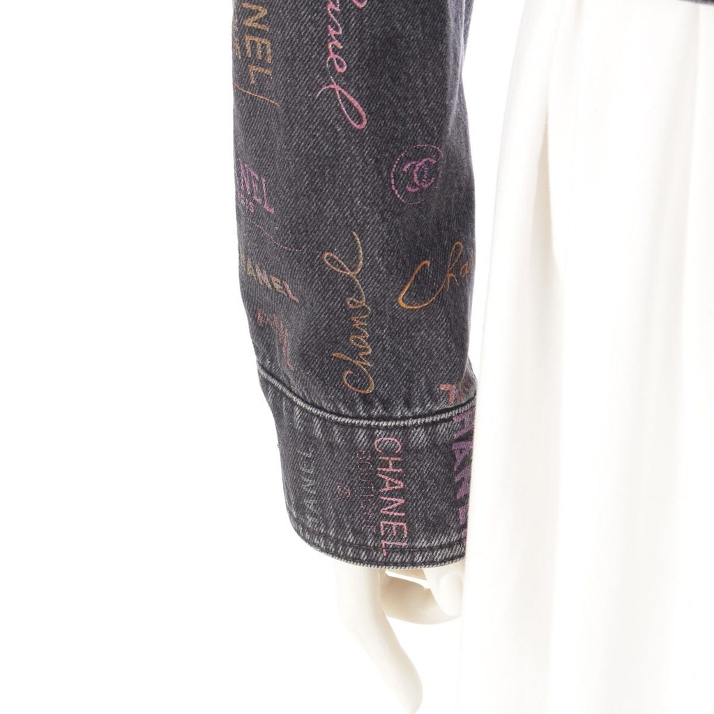 CHANEL Denim Jacket CC Logo Multi Print Black Size 36