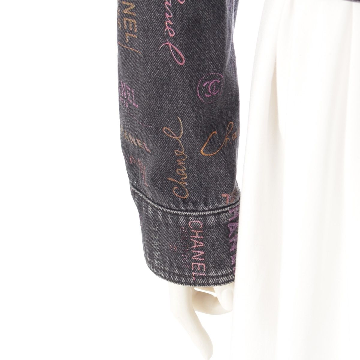CHANEL Denim Jacket CC Logo Multi Print Black Size 36