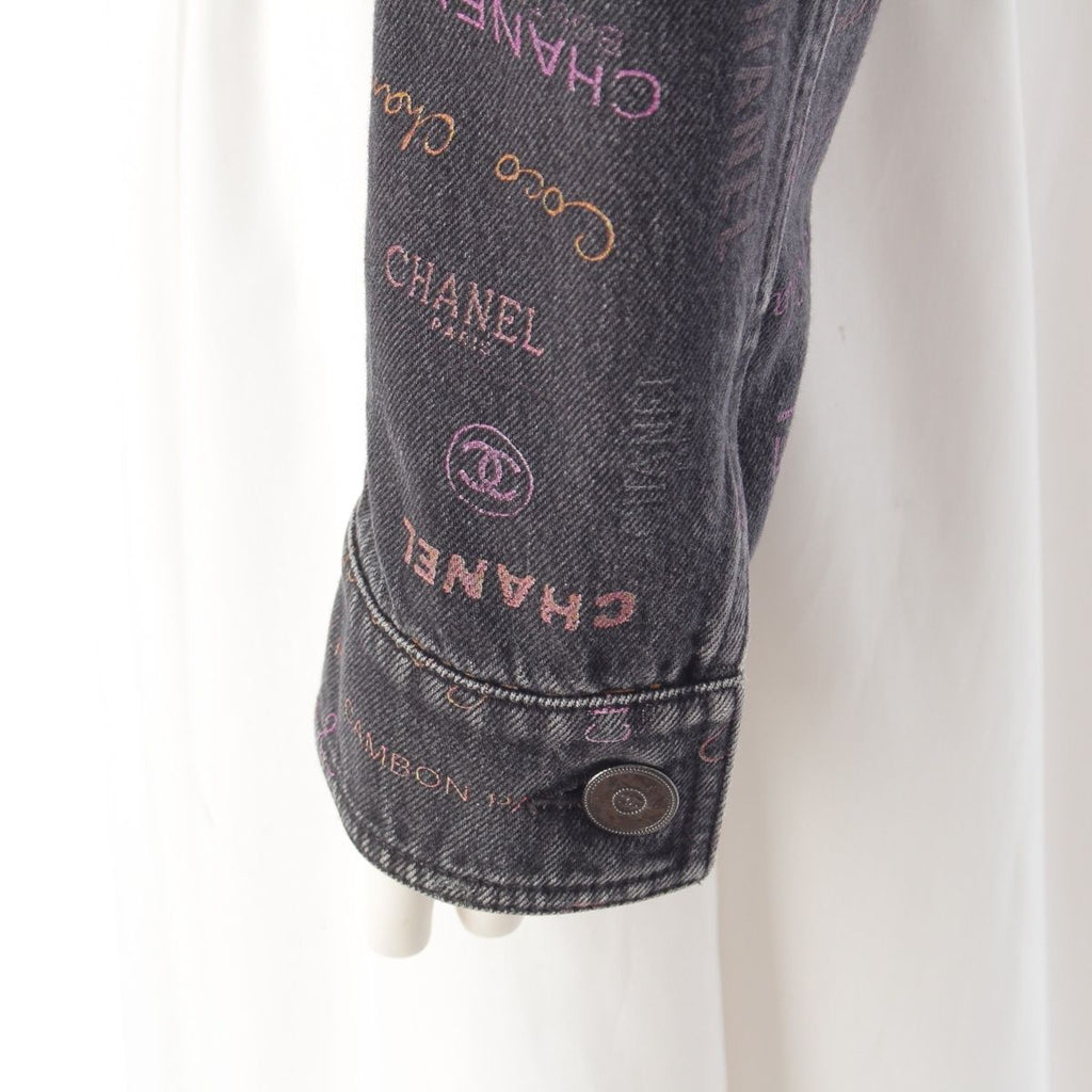 CHANEL Denim Jacket CC Logo Multi Print Black Size 36