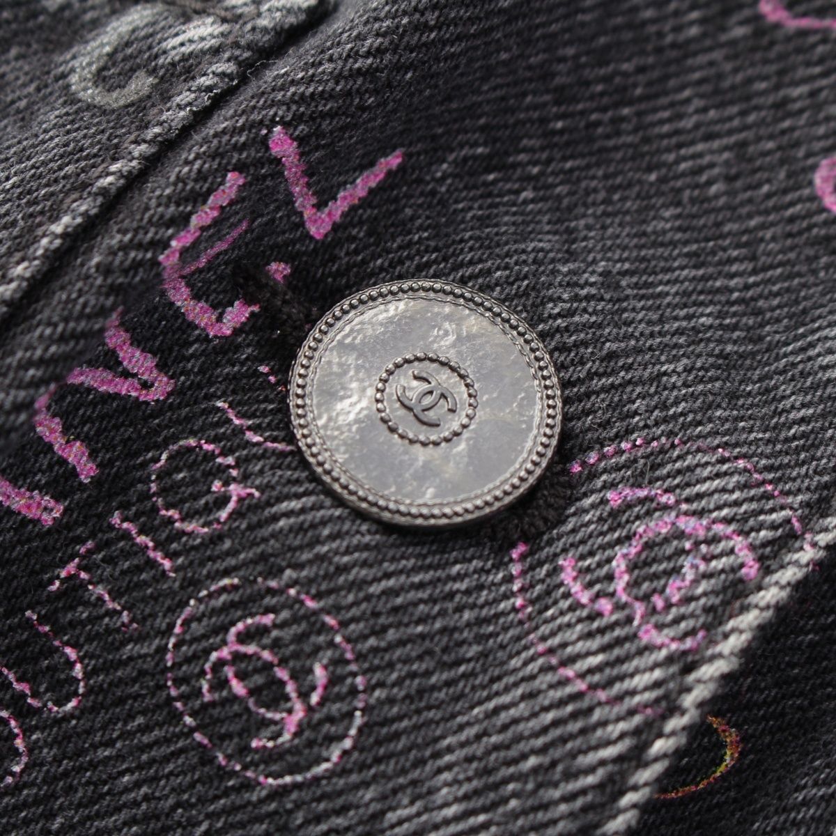 CHANEL Denim Jacket CC Logo Multi Print Black Size 36
