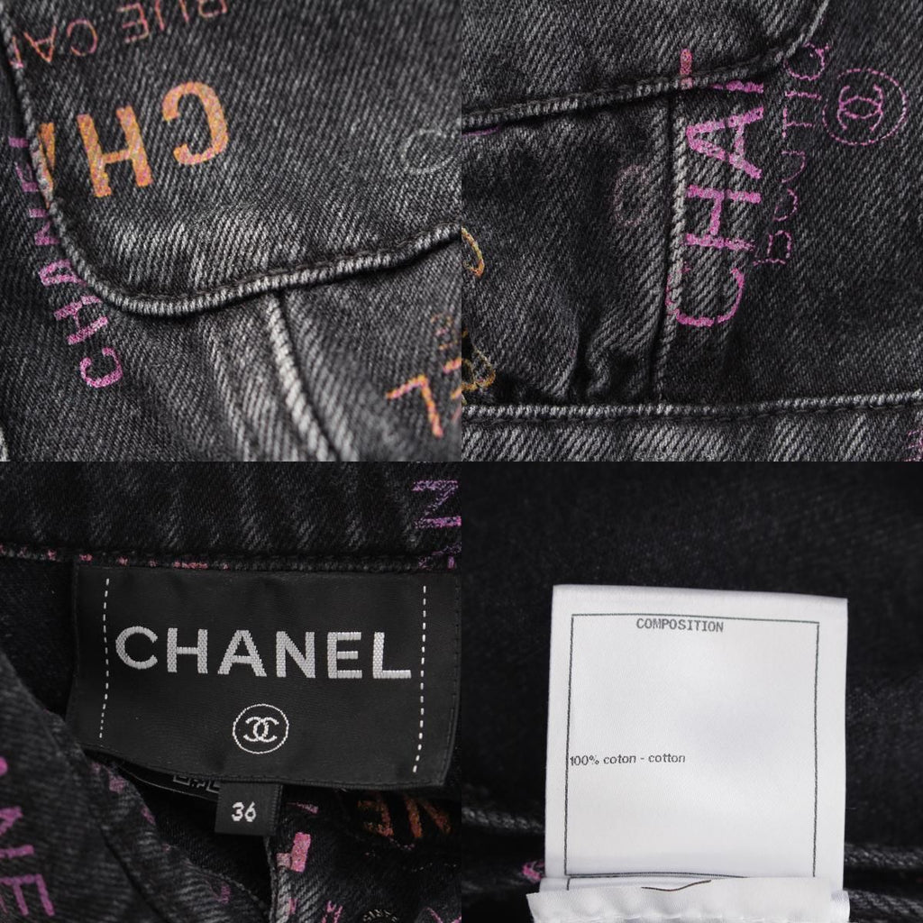 CHANEL Denim Jacket CC Logo Multi Print Black Size 36
