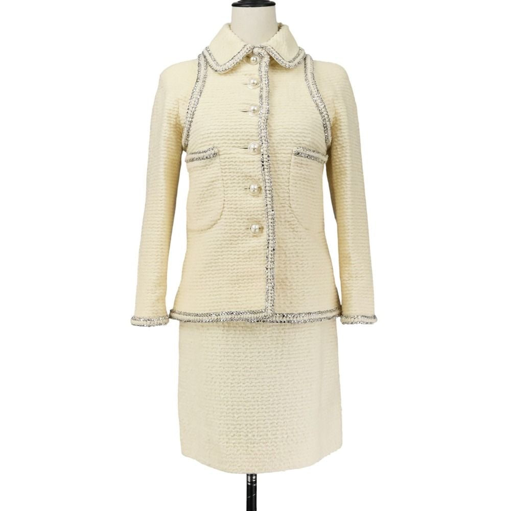 CHANEL Faux Pearl Coco Mark Button Tweed Jacket & Skirt Setup Size 34 Ivory