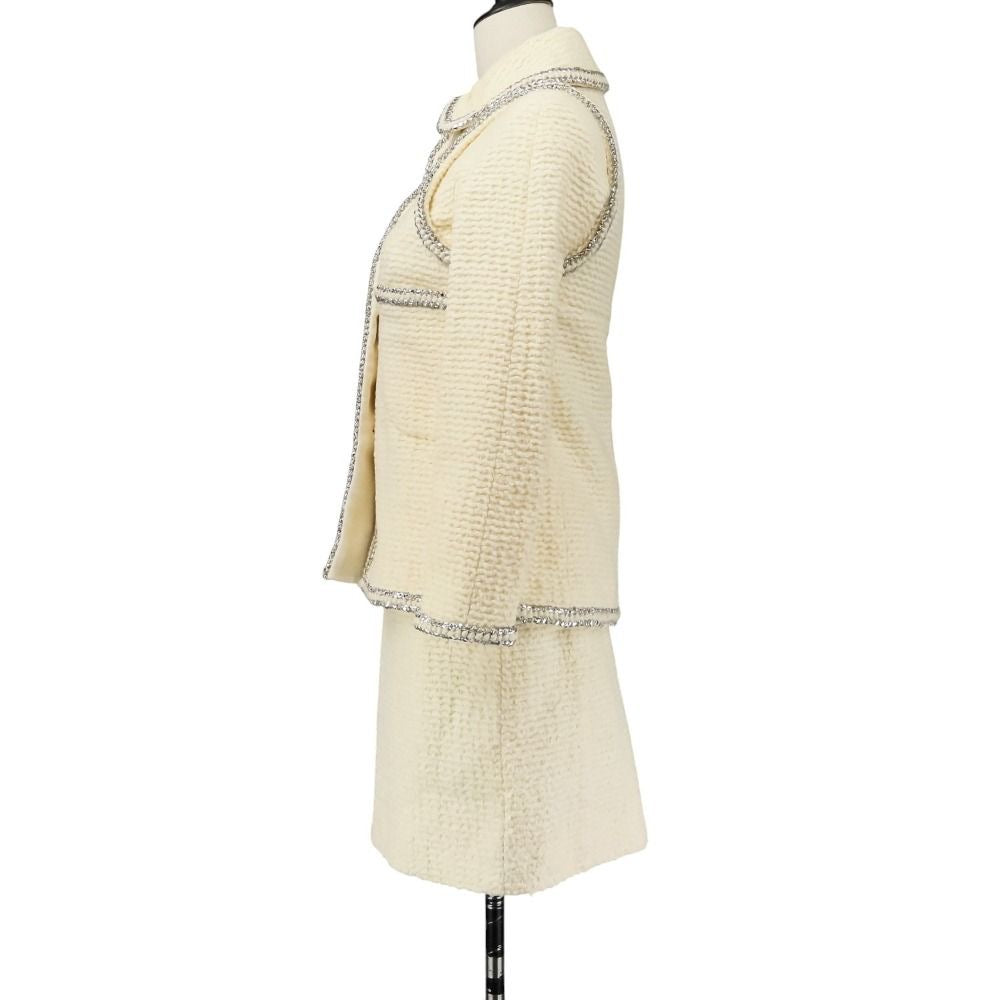 CHANEL Faux Pearl Coco Mark Button Tweed Jacket & Skirt Setup Size 34 Ivory