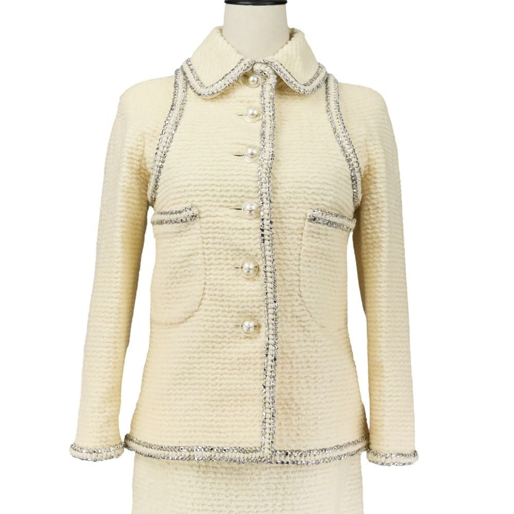CHANEL Faux Pearl Coco Mark Button Tweed Jacket & Skirt Setup Size 34 Ivory