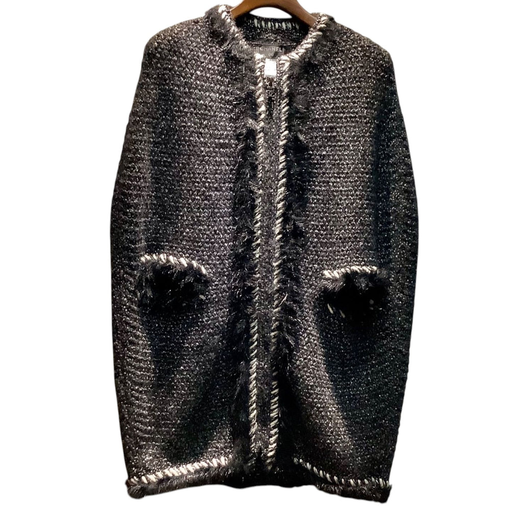 CHANEL 2010AW Tweed Cashmere Knit Poncho Coat Fur CC Logo Black White Size 36