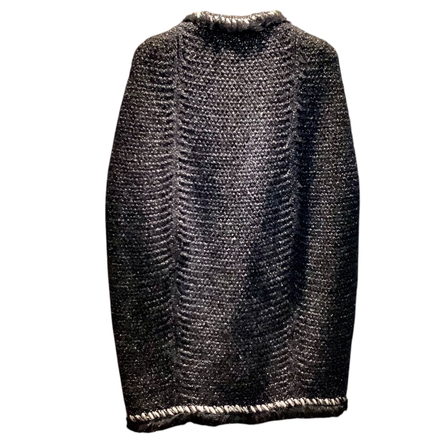 CHANEL 2010AW Tweed Cashmere Knit Poncho Coat Fur CC Logo Black White Size 36