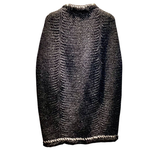 CHANEL 2010AW Tweed Cashmere Knit Poncho Coat Fur CC Logo Black White Size 36