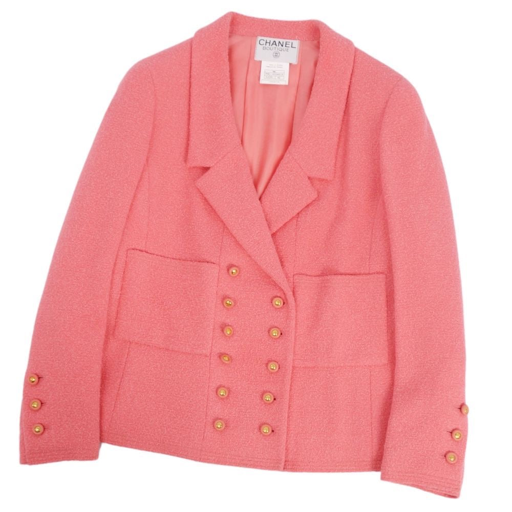 Vintage CHANEL 96C Double Breasted Wool Tweed Jacket Coco Mark Button Size 42 Pink Made in France