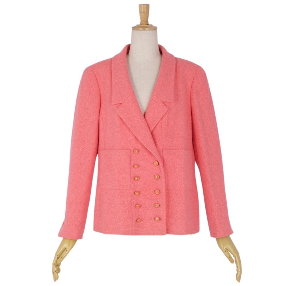 Vintage CHANEL 96C Double Breasted Wool Tweed Jacket Coco Mark Button Size 42 Pink Made in France
