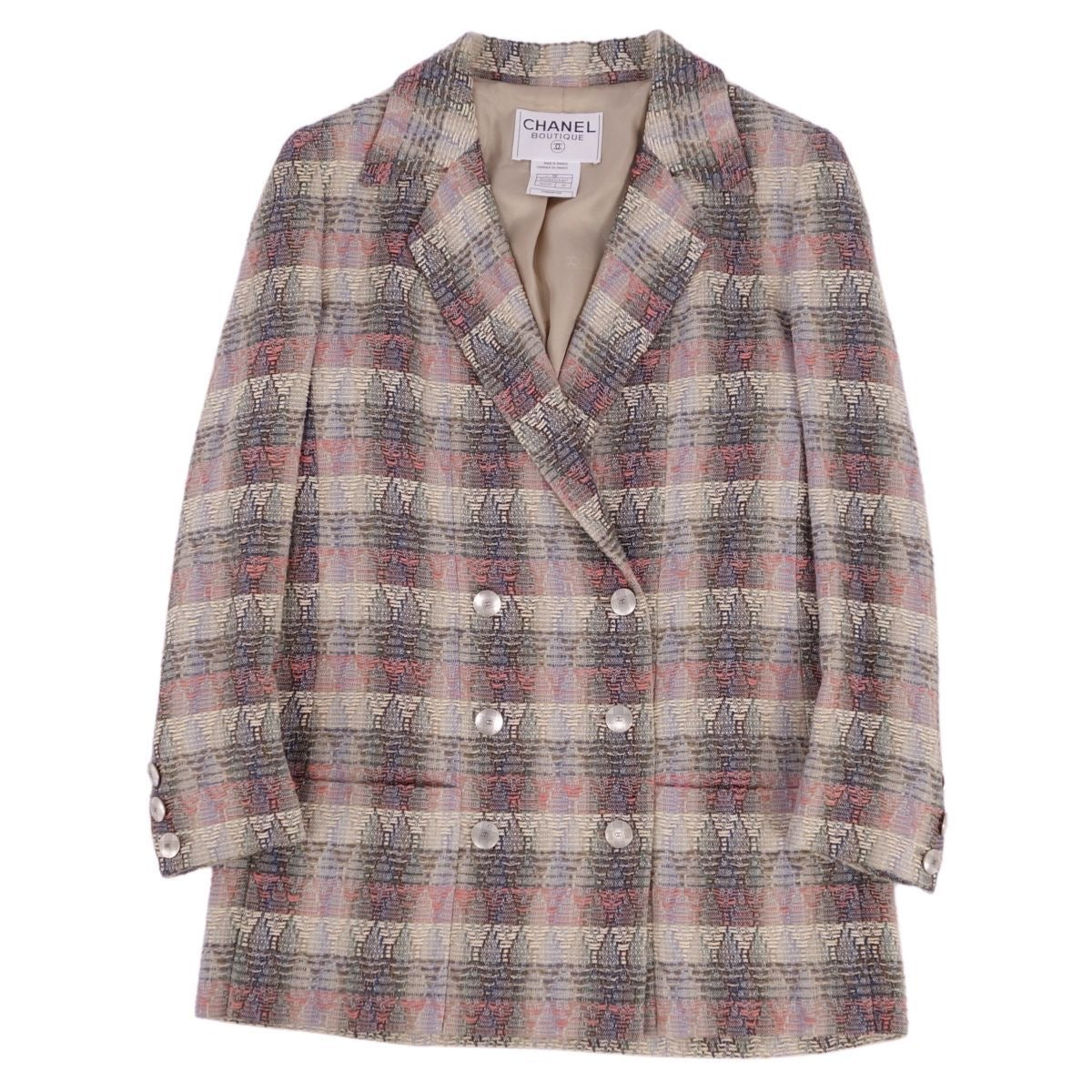 Vintage CHANEL 98P Double Breasted Tweed Jacket Coco Mark Size 38 Multicolor