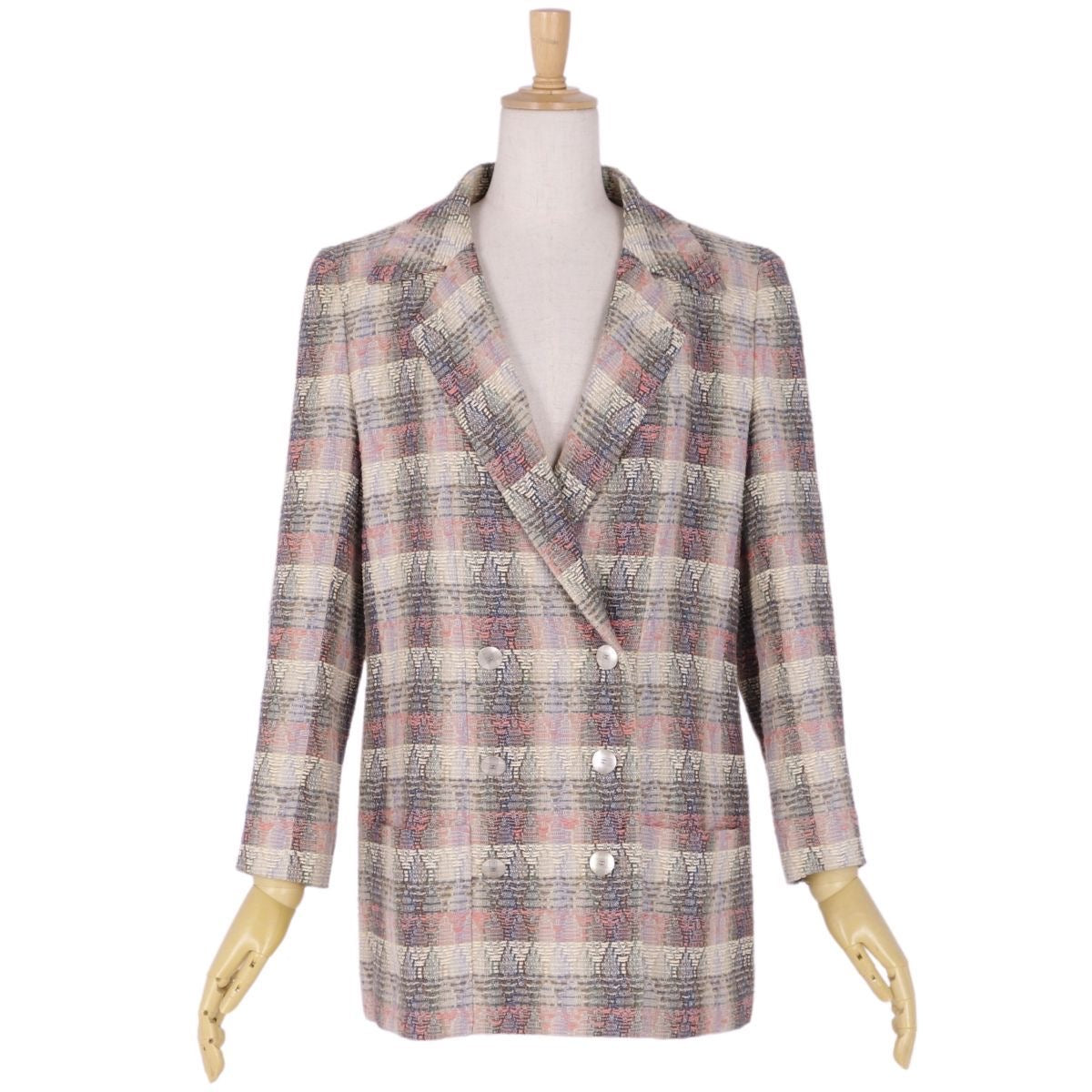 Vintage CHANEL 98P Double Breasted Tweed Jacket Coco Mark Size 38 Multicolor