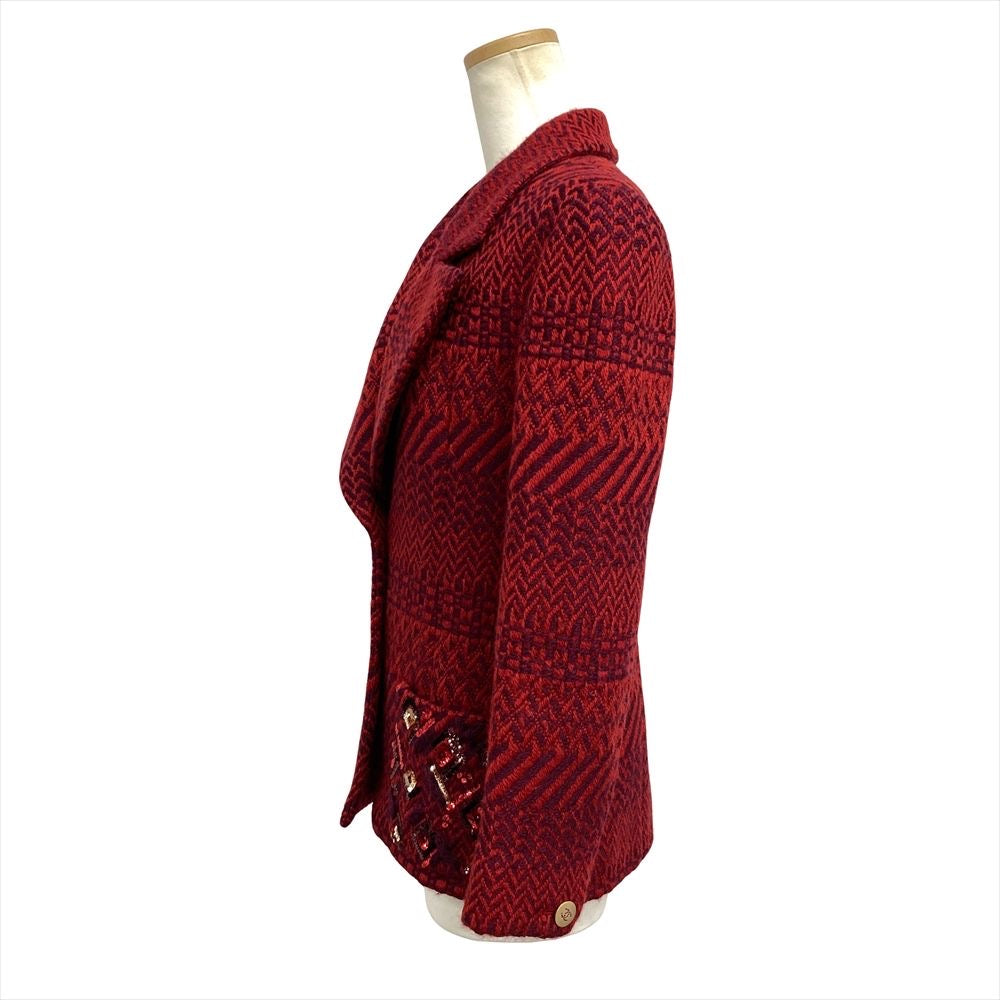 CHANEL 00A P16214 Sequin Tweed Tailored Jacket Coco Button Wool Silk Size 38 Red