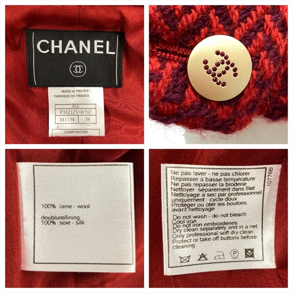 CHANEL 00A P16214 Sequin Tweed Tailored Jacket Coco Button Wool Silk Size 38 Red