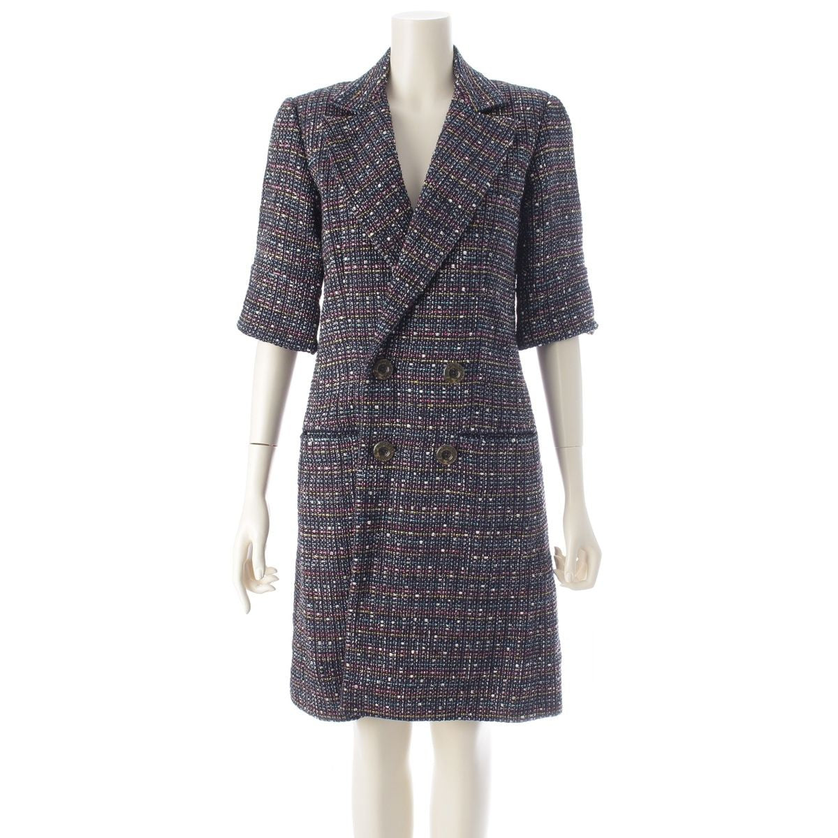 CHANEL CC Button Tweed Double Coat Navy Multicolor Size 34