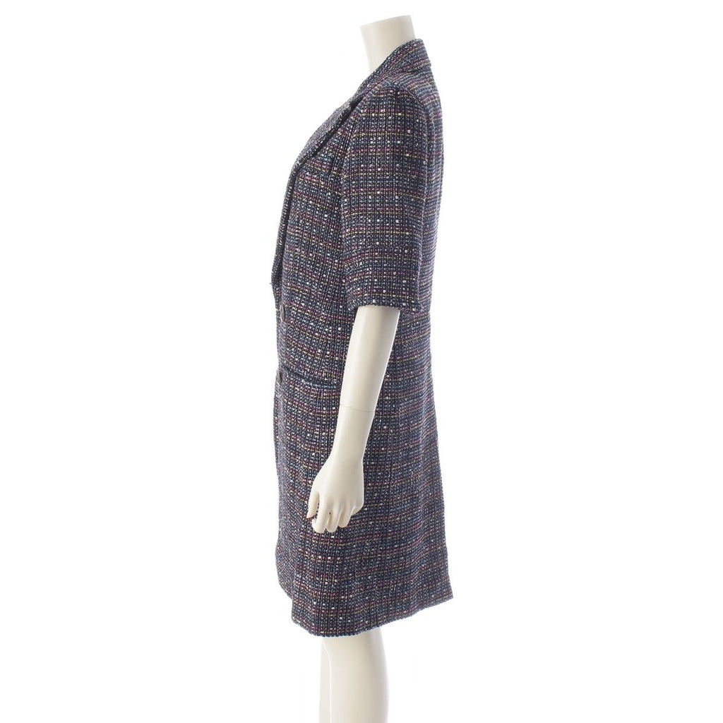 CHANEL CC Button Tweed Double Coat Navy Multicolor Size 34