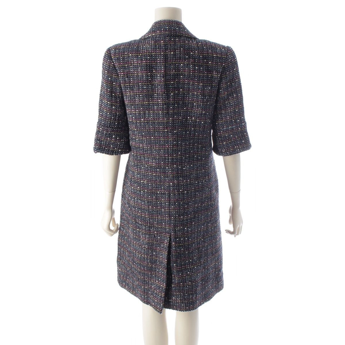 CHANEL CC Button Tweed Double Coat Navy Multicolor Size 34