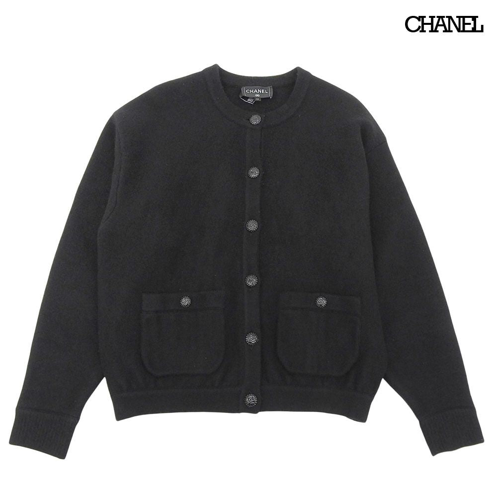 CHANEL CC Button Silk Cashmere Wool Collarless Knit Cardigan Black Size 36