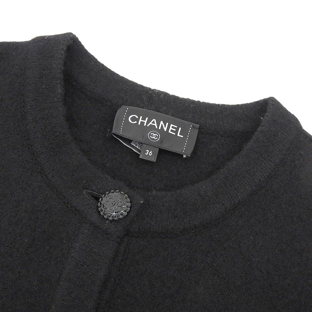 CHANEL CC Button Silk Cashmere Wool Collarless Knit Cardigan Black Size 36