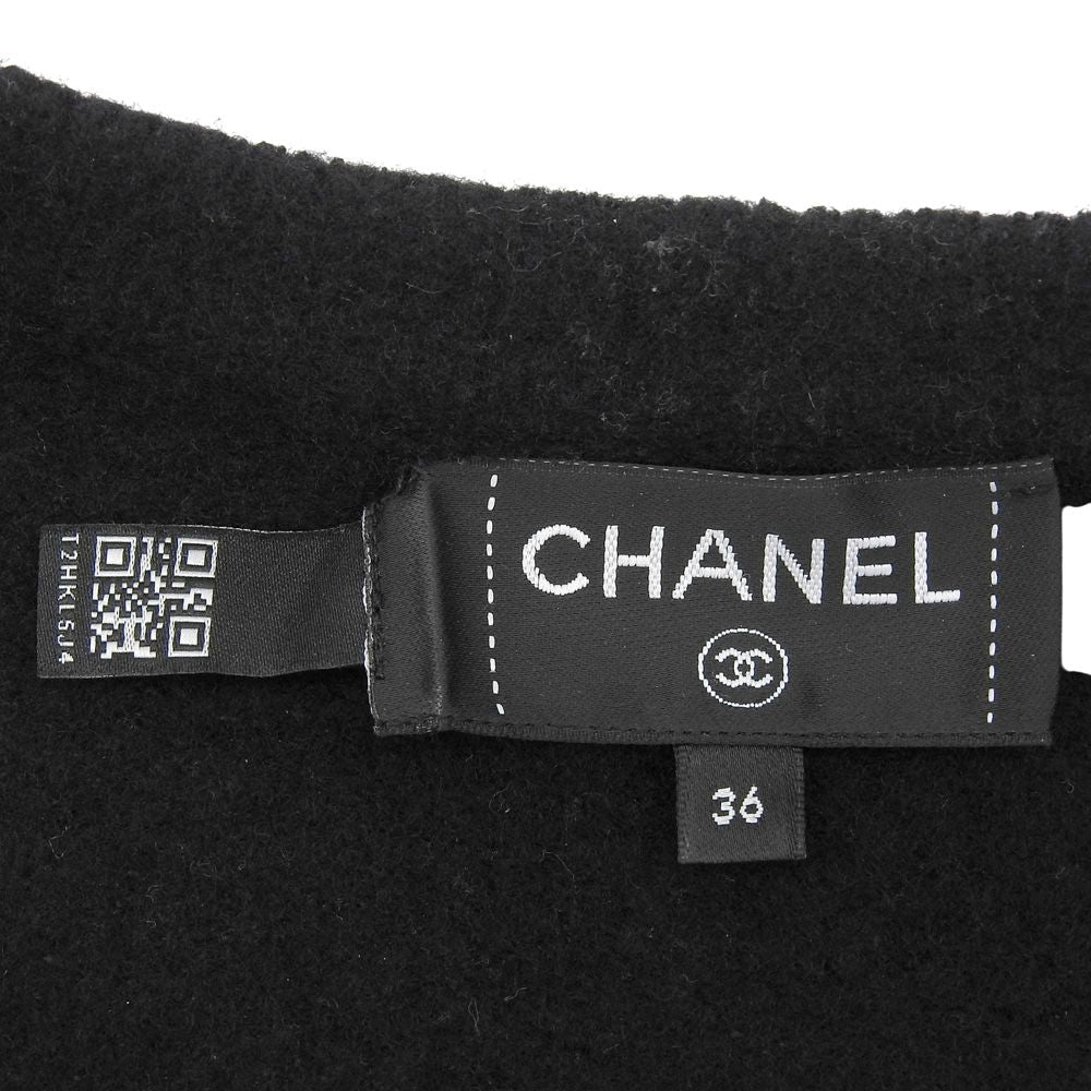 CHANEL CC Button Silk Cashmere Wool Collarless Knit Cardigan Black Size 36