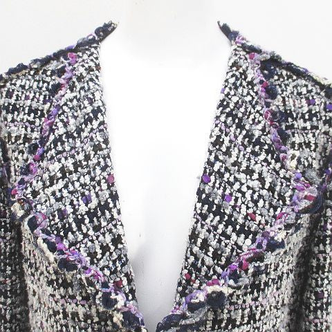 CHANEL Tweed Jacket CC Mark Silk Wool Purple Size 34 Made in France