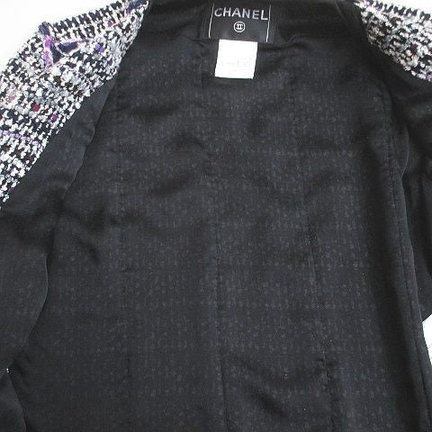 CHANEL Tweed Jacket CC Mark Silk Wool Purple Size 34 Made in France