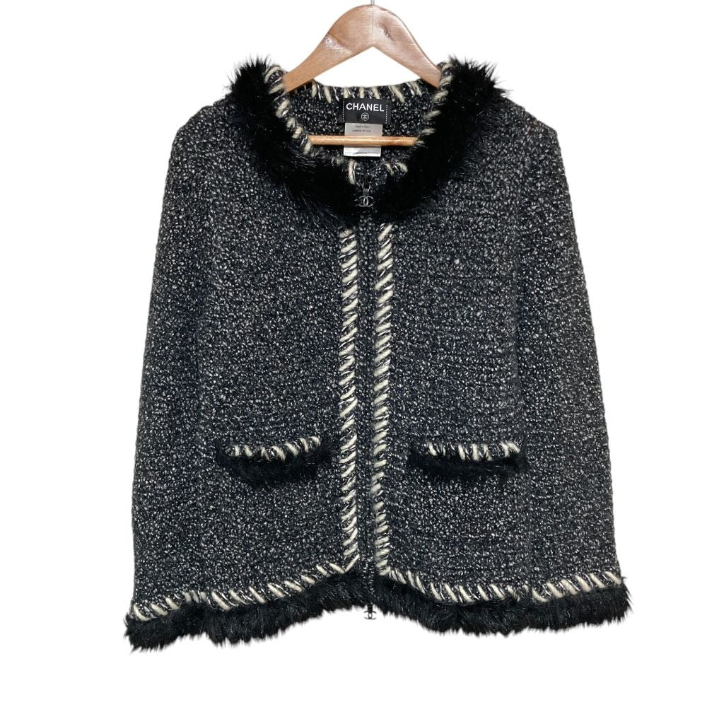 CHANEL Tweed Knit Zip-Up Jacket Black Size 36